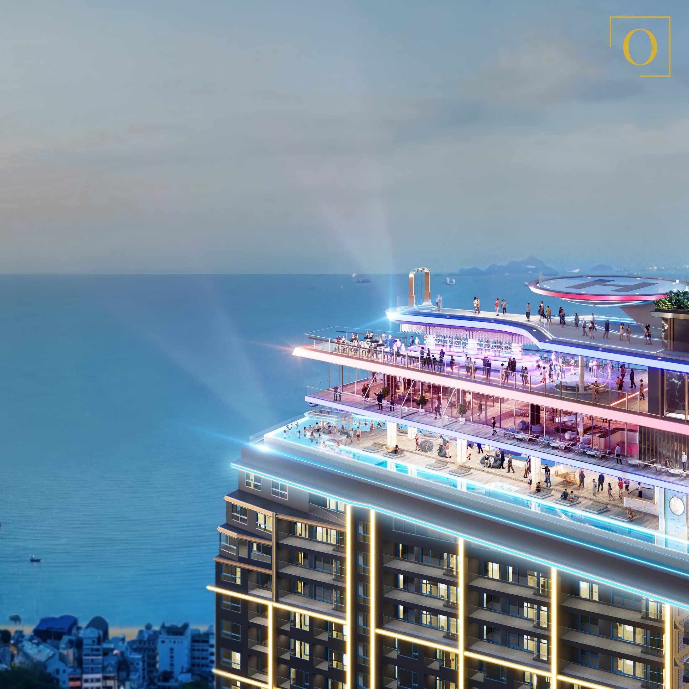 Grand Solaire Noble rooftop SkyPool at twilight, overlooking Pattaya Bay