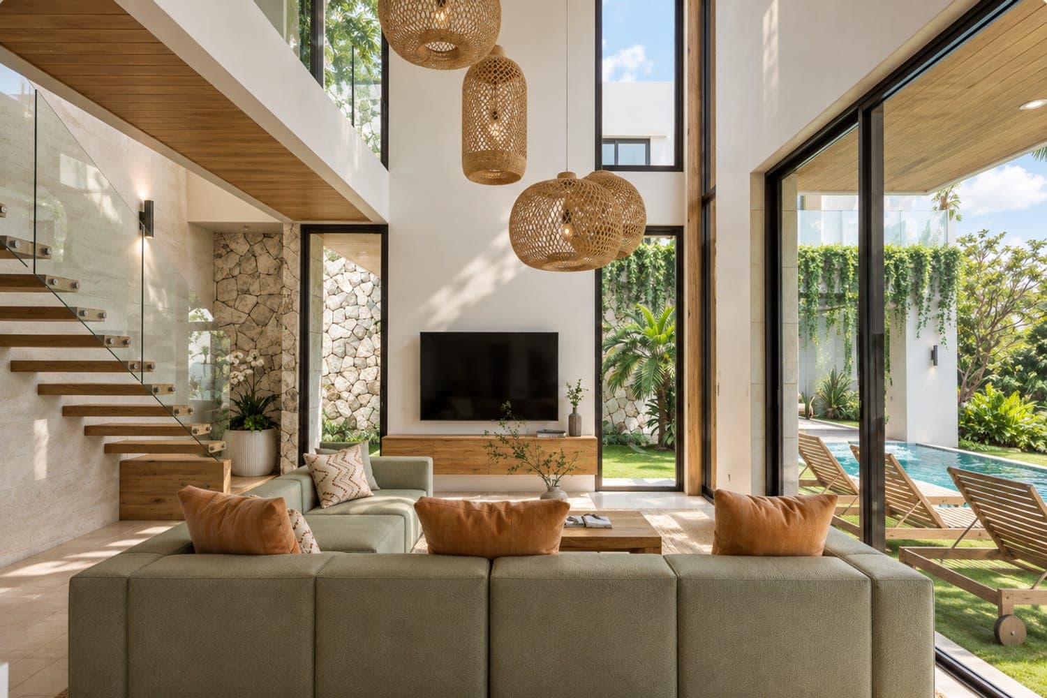 Double-height living room with the suspended staircase