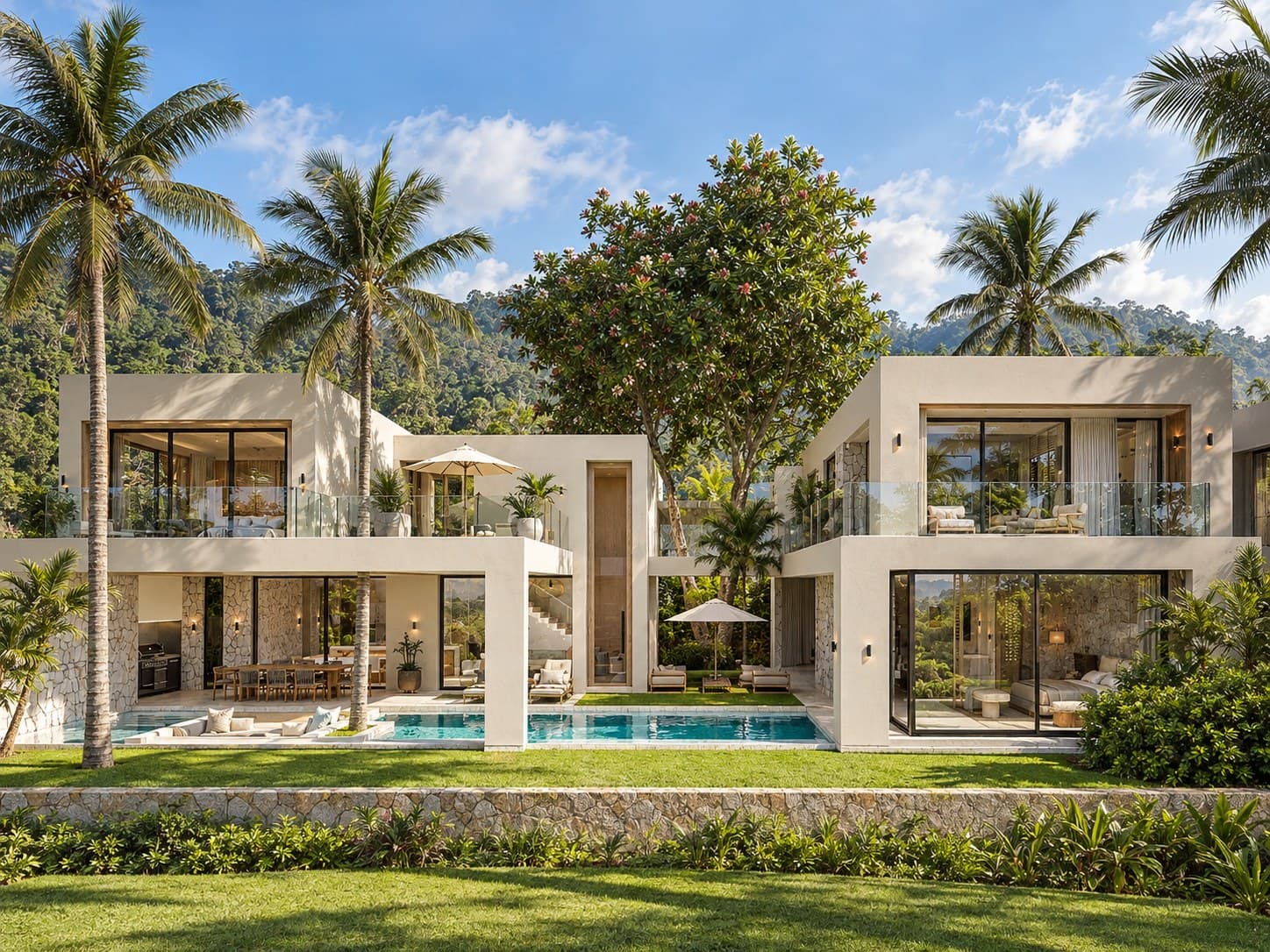 Green Valley villa exterior with private pool, glass-railed terraces and tropical garden