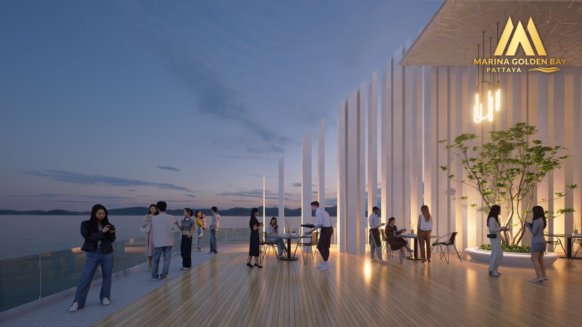 Marina Golden Bay sky lounge deck at dusk