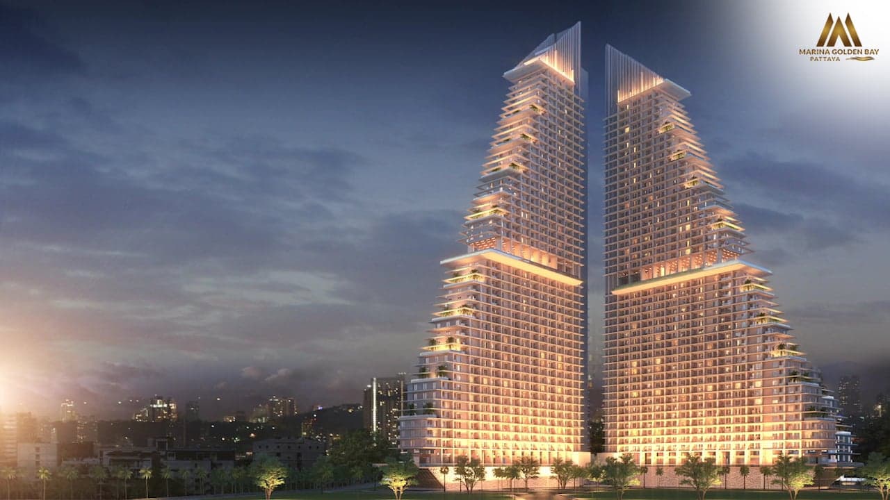 Marina Golden Bay twin towers, dusk elevation view