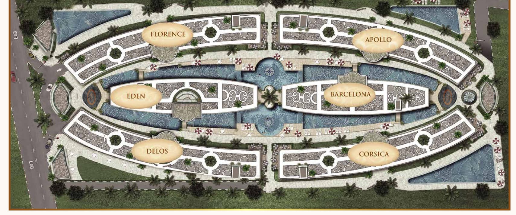 Olympus City Garden master plan — Florence, Apollo, Eden, Barcelona, Delos, and Corsica buildings