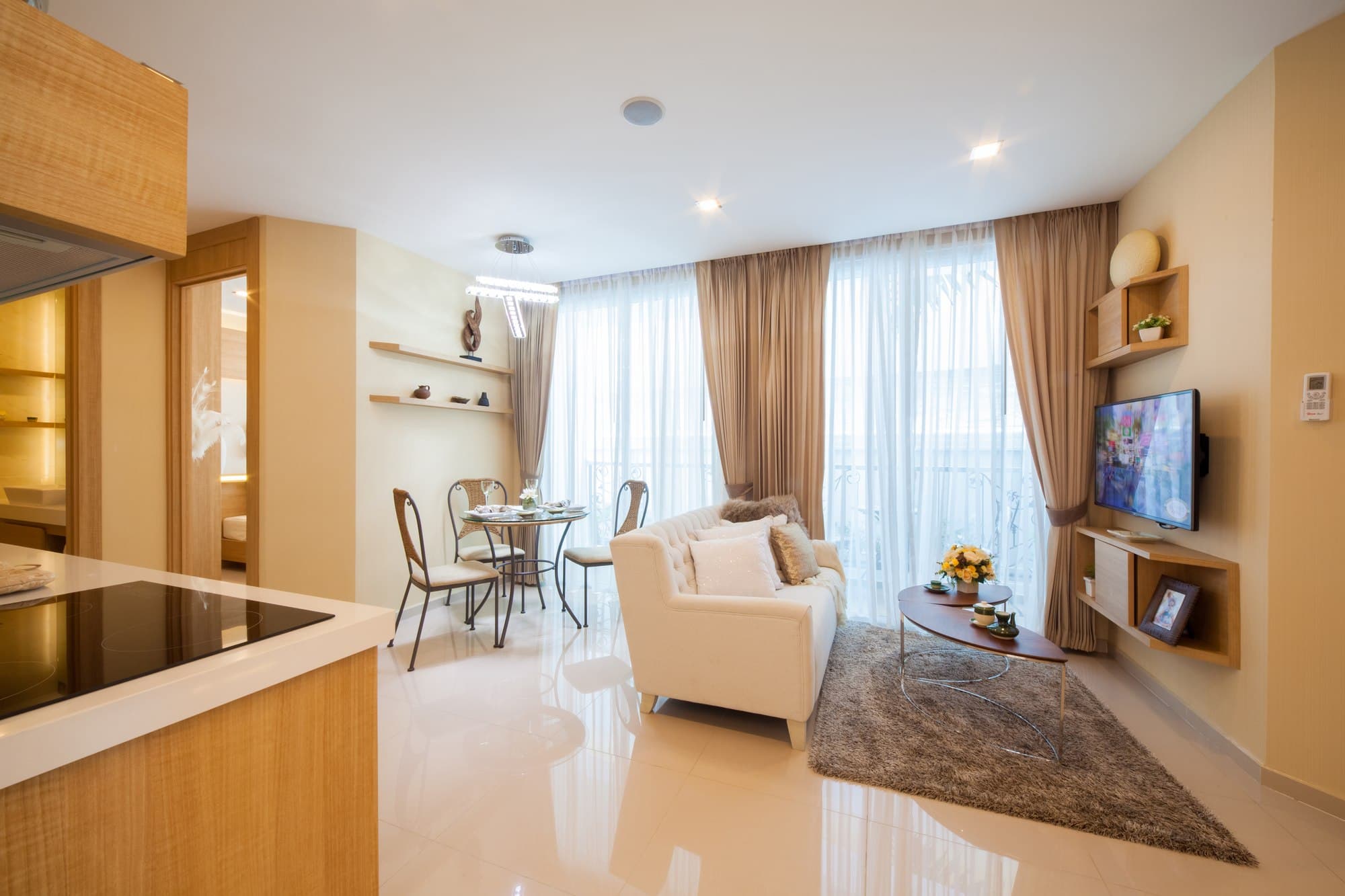 Olympus City Garden apartment living room and kitchen